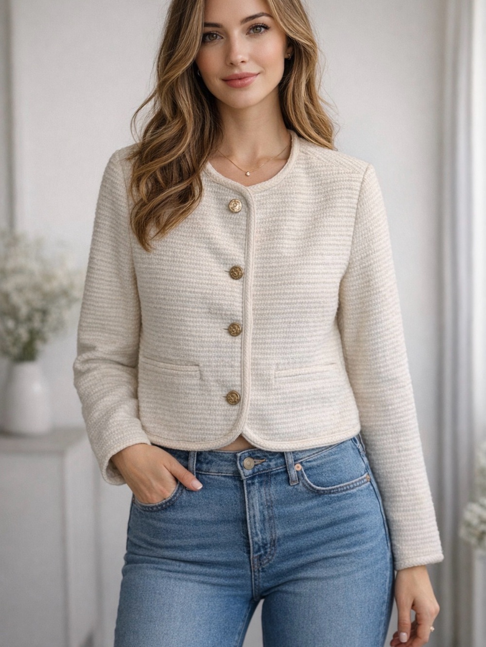 Abercrombie & Fitch Women's Cropped White Bouclé Button Lady Jacket Sz M